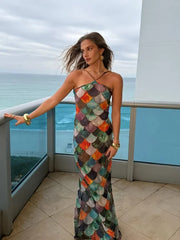LBSFY  -Women Sexy Sleeveless Backless Colorful Printed Sling Dress Elegant Splicing Slim Fishtail Skirt New Chic Vacation Vestdios