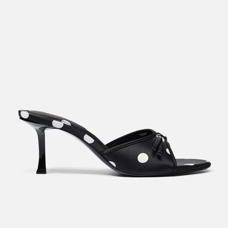 LBSFY -Retro Black Spotted Silk High Heel Slippers for Women Outer Wear Fashion Bow Leather Summer Sandals Comfort Open Toed Lady Shoes