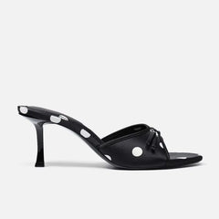 LBSFY -Retro Black Spotted Silk High Heel Slippers for Women Outer Wear Fashion Bow Leather Summer Sandals Comfort Open Toed Lady Shoes