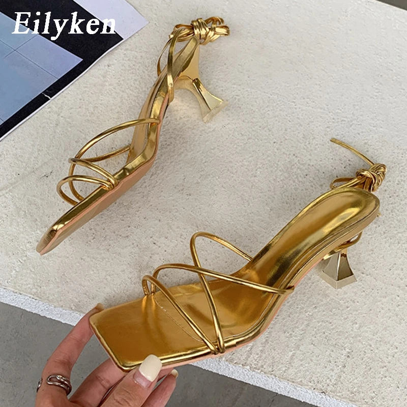 LBSFY -Fashion Gold Silver Sandals Thin Low Heel Lace Up Rome Summer Gladiator Women Casual Narrow Band Shoes Sandalias De Mujer