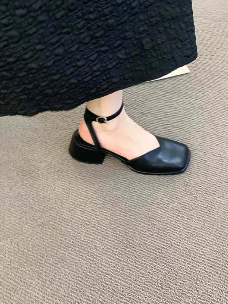 LBSFY  -   Summer Hollow Out Pure Color Sandals Woman Non Slip Casual Elegant Shoes Beach Korean Style Buckle Medium Heels Shoes Slim