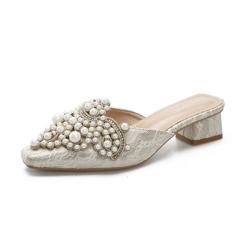 LBSFY -Pearl Half Slippers Women Shoe Autumn Rhinestone Chunky Mid Heel Slipper Sandals Fashion Muller Casual Versatile Single Shoes