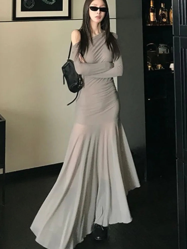 LBSFY -Sexy Vintage Elastic Women's Party Dresses 2025 Spring Autumn Long Sleeve Chic Irregular Slim Waist Slash-Neck Dress Prom Robe