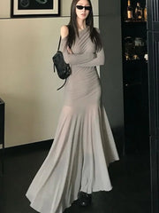 LBSFY -Sexy Vintage Elastic Women's Party Dresses 2025 Spring Autumn Long Sleeve Chic Irregular Slim Waist Slash-Neck Dress Prom Robe