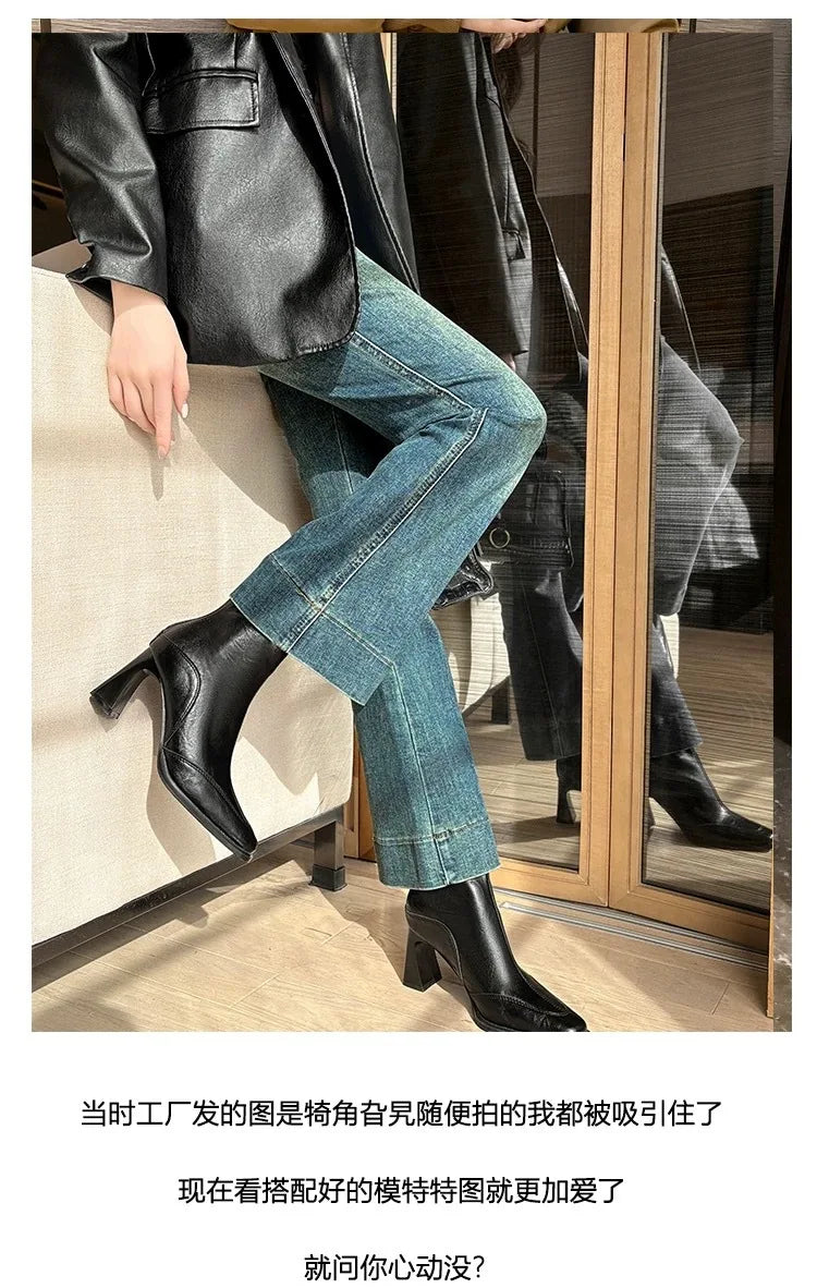 LBSFY -2025 Vintage High Heel Women Ankle Boots Fashion Square Toe Short Booties Autumn Winter Ladies Shoes Botas Mujer