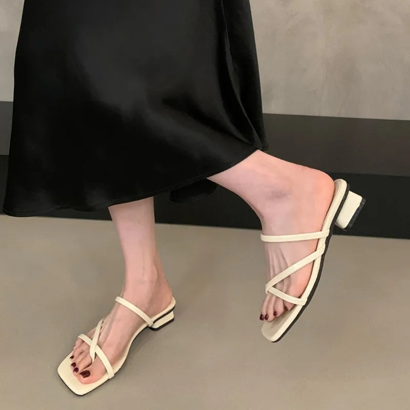 LBSFY -Summer Square Low Heel Women Slipper Fashion Narrow Band Ladies Sandal Outdoor Beach Casual Slides Shoes Mujer