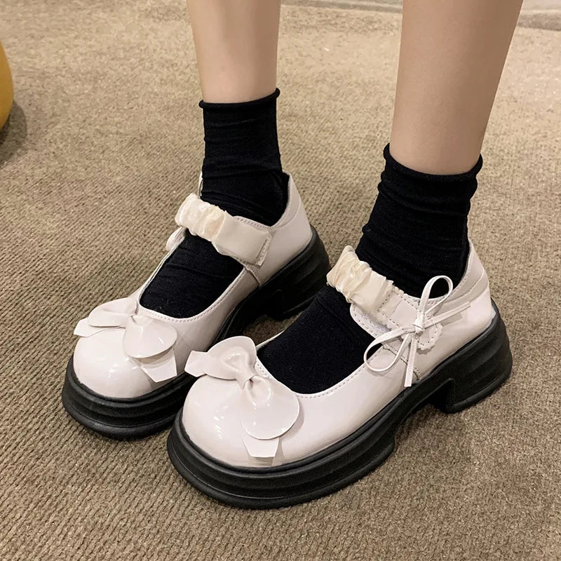 LBSFY -Luxury Platform Women Single Lolita Shoes Autumn Patent Leather Ankle Bow Mary Jane Shoes Woman Loafers Topsiders Ballerinas