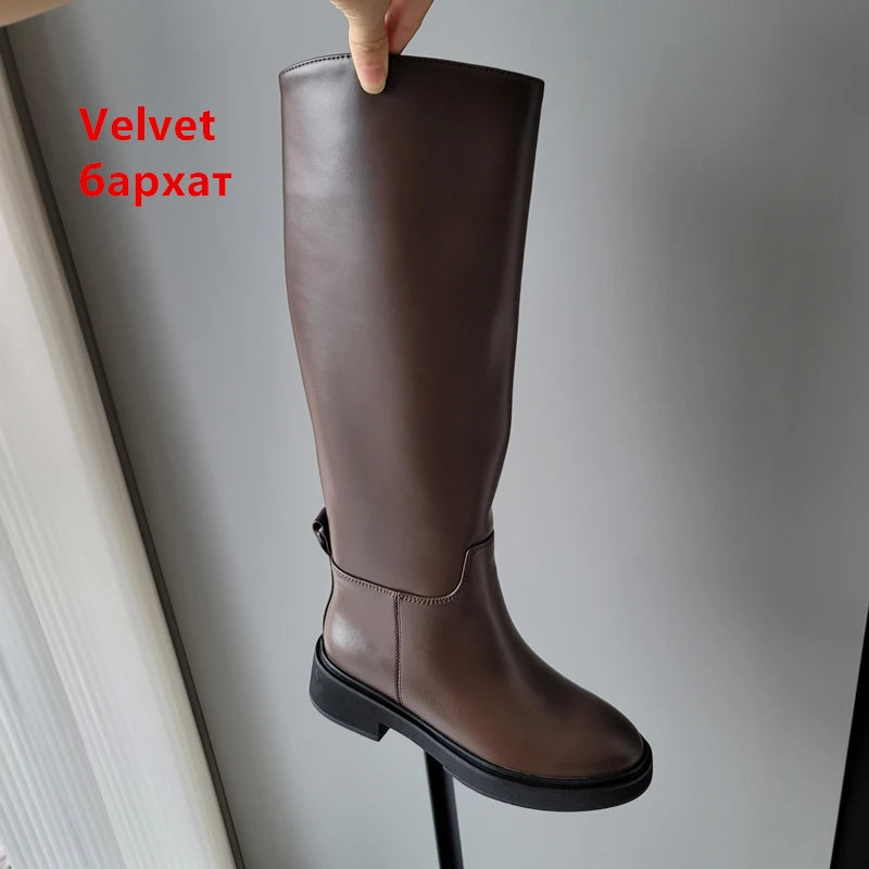 LBSFY  -  2024 Ins Genuine Leather Knee High Boots For Women Thick Heeled Autumn Winter Warm Shoes Woman High Motorcycle Boots