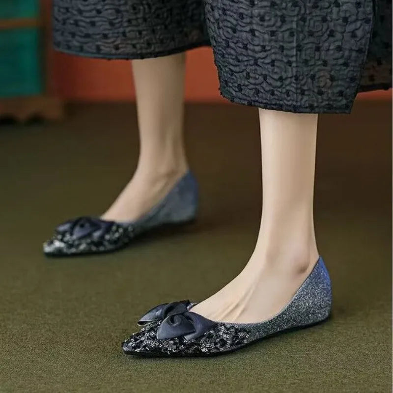LBSFY -Sequins Wedding Bride Shoe 2025 Trend Pointed Toe With Bow Slip-on Shoes for Women Quick Delivery Y2k Fashion Summer Woman Flats
