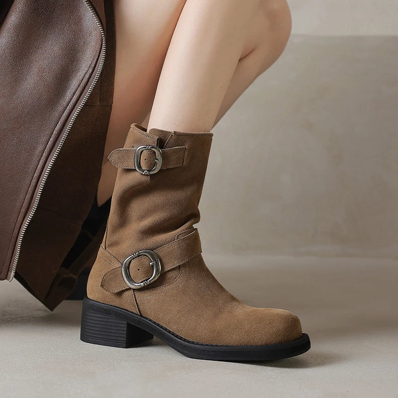 LBSFY  -  Plus Size 34-41 Cow Suede Ankle Boots Square Toe Buckle Motorcycle Booties Chunky Heels Retro Winter  Short Botas