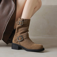 LBSFY  -  Plus Size 34-41 Cow Suede Ankle Boots Square Toe Buckle Motorcycle Booties Chunky Heels Retro Winter  Short Botas