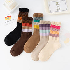Lbsfy 5 Pairs Women Socks Cotton 1 Set Autumn Winter Middle Tube Breathable Fashion Harajuku Cute Rainbow Stripes Socks Pack Wholesale