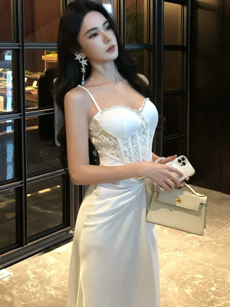 LBSFY -Spring Summer French Lace Spliced Mermaid Dress Elegant Solid strap Pleated Women's Dresses Evening Party Abend Kleider 2025 New