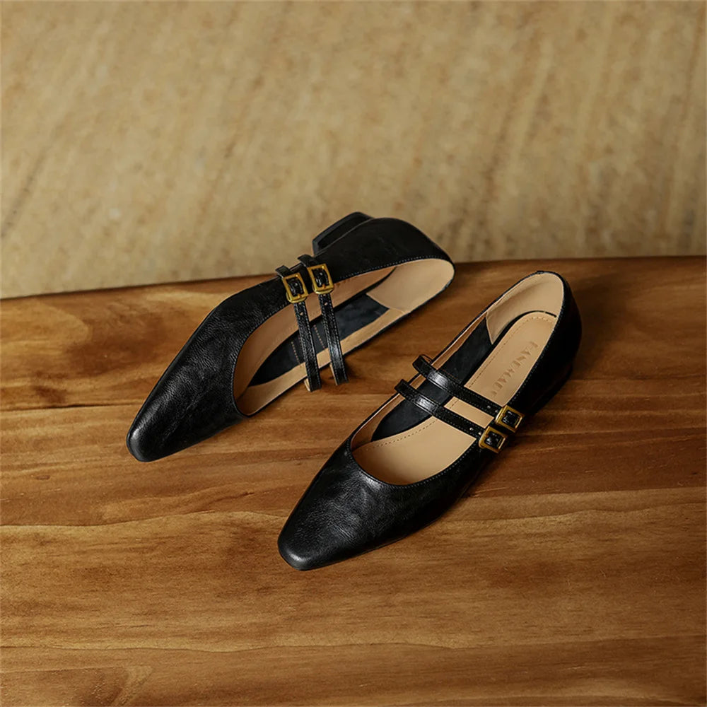 LBSFY  -  Luxury Sheepskin Leather Thick Heels Pumps For Women Elegant Mary Jane Buckle Fashion Party Wedding Shoes Woman Pumps