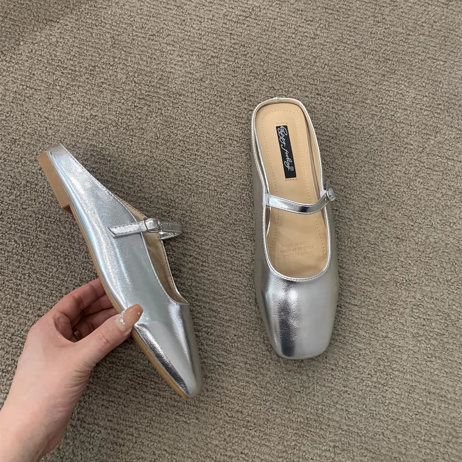 LBSFY -Women Fashing Silver Slippers Ballet Flats Shoes Square Toe Shallow Slip On Ladies Sandals Soft Slides Zapatos Mujer 40