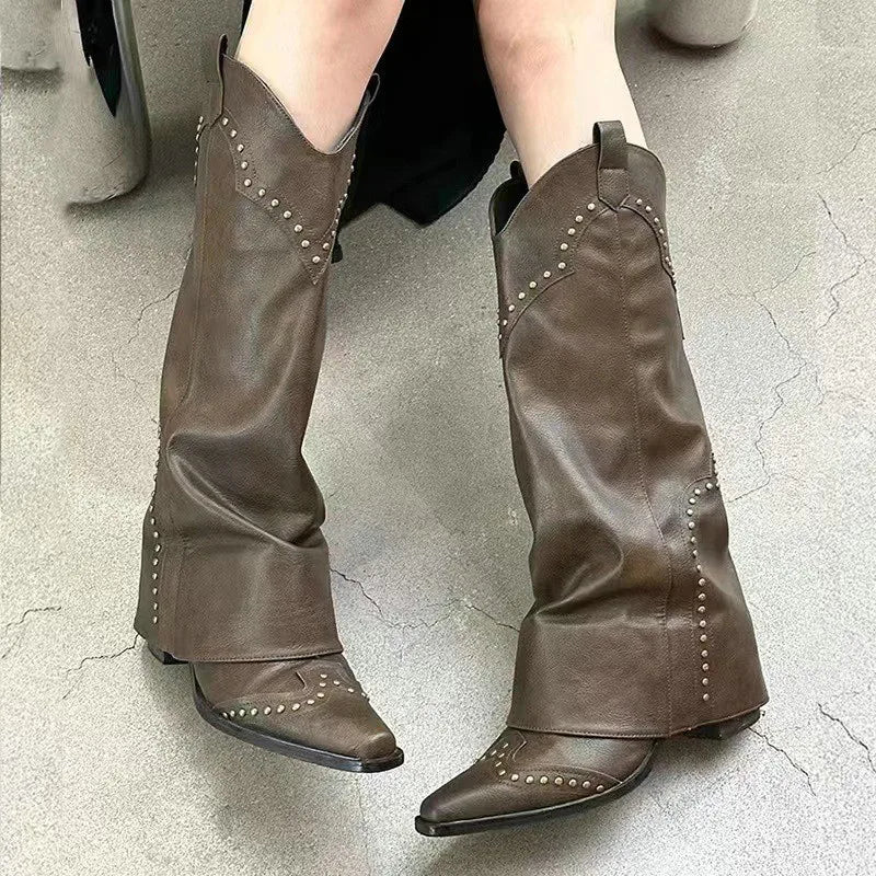 LBSFY  -  Retro Pointy Western Cowhide Leather Boots Women's New Brown Riveted Pant Boots All Match Chunky Heel Thigh-high Tide Boot