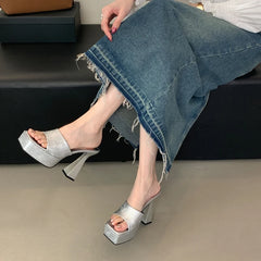 Summer Leopard Print Women Slippers Platform High Heels Party Club Shoes Ladies Elegant Square Toe Dress Slides