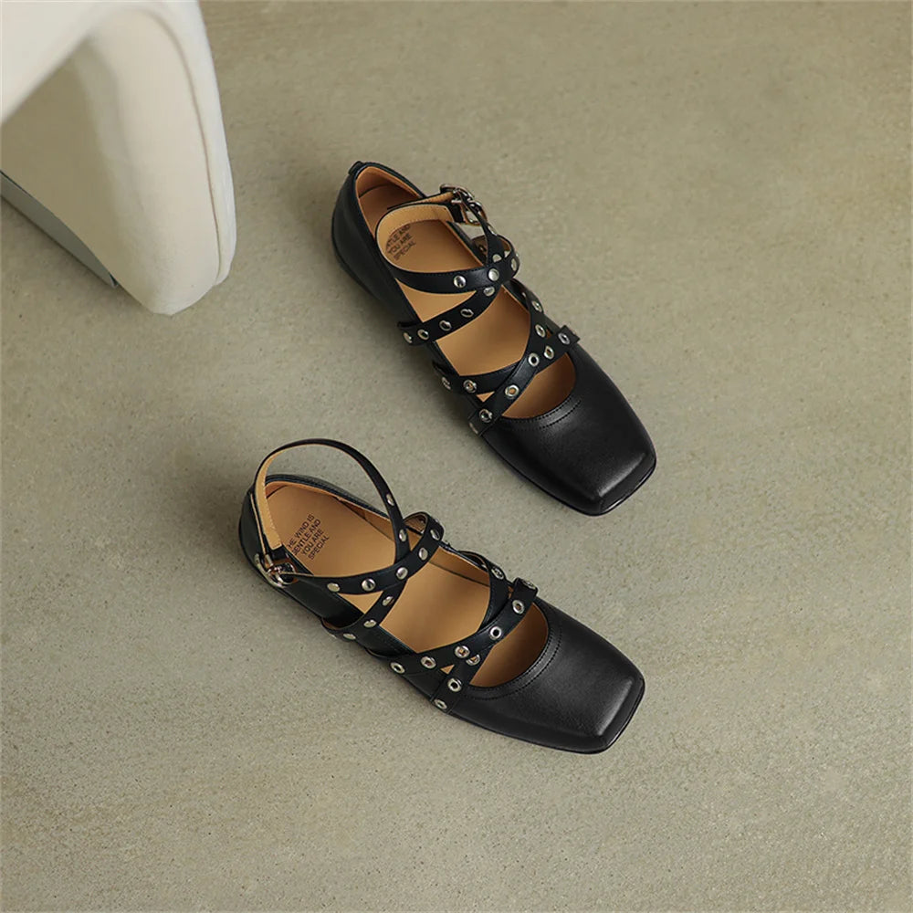 LBSFY  -  Shallow Rivet Low Heel Pumps Buckles Strap Decoration Punk Genuine Leather Women Pumps Fashion Party 2025 Spring Pumps