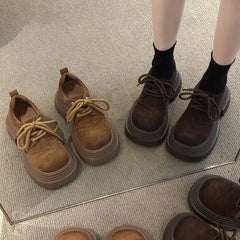 LBSFY  -  Women heels brown vintage platform Nubuck Leather Shoes women's Comfortable Lace Up Oxford Loafers Casual College Student Shoe
