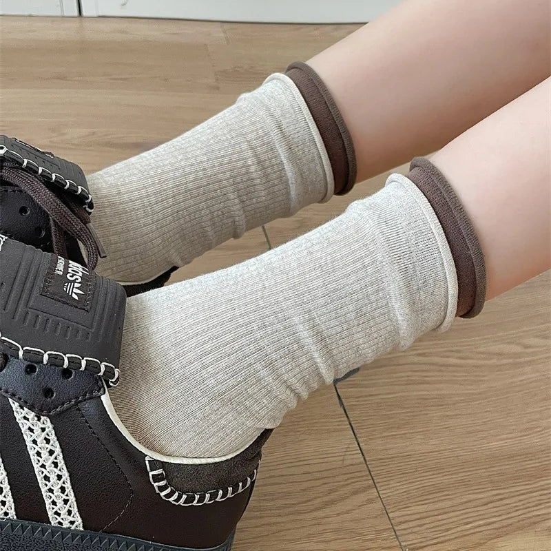 Lbsfy Autumn Winter Women's Tube Pile Socks Pure Cotton Double-layer Rolled Edge Y2K Trendy Sock Vertical Striped Cotton Female Socks