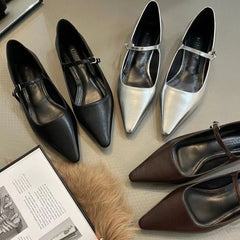 LBSFY  -  Pointed Toe Women Flats 2024 New Arrivals Belt Buckle Black/Silver/Gold Belt Buckle Fashion Solid Color Ladies Dress Shoes Woman