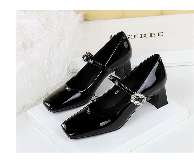LBSFY -Banquet Mary Jane Women Single Shoes Square Toe Light Mouth Patent Leather One-Striped Rhinestone Buckle Thick Heel Medium Heel