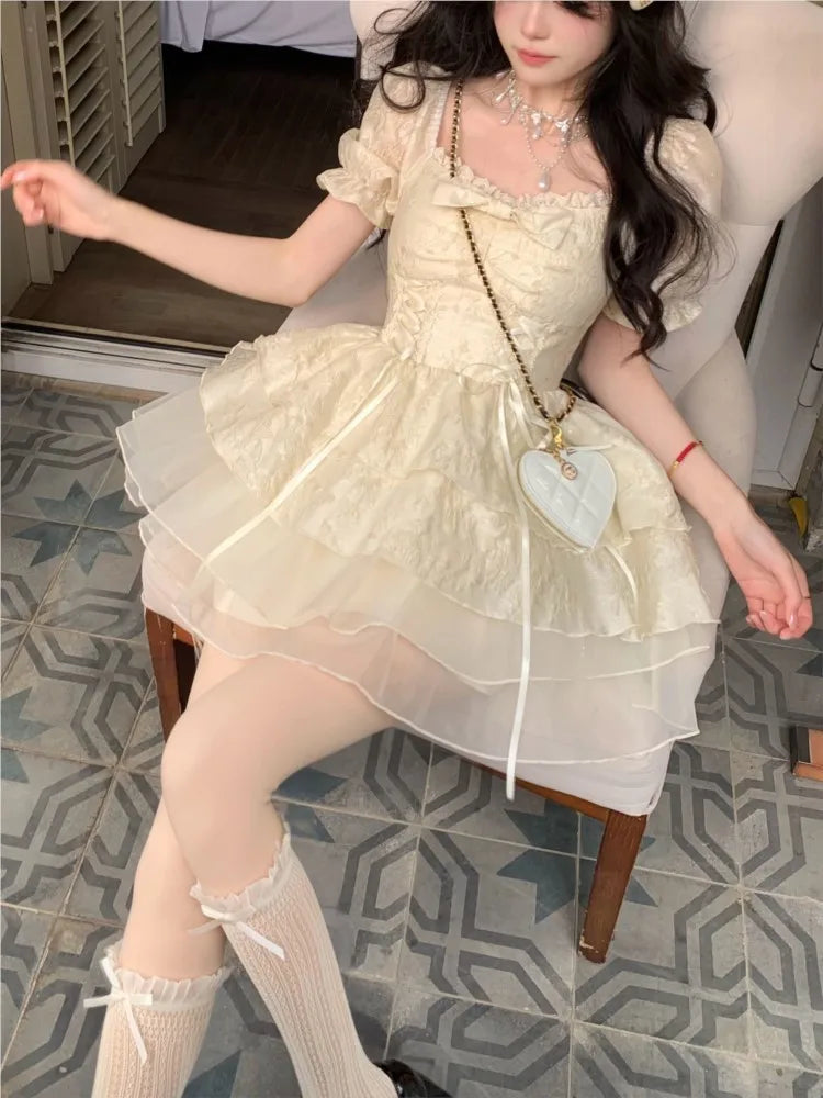 LBSFY -Kroean Y2K Yellow Preppy Style Cake Dress Puff Sleeves Mesh Ball Gown Ruffles Mini Woman Dresses Abend Kleider Spring Summer New