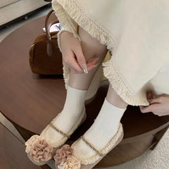 LBSFY  -   2025 New French Retro 3D Flower Flats Round Head Plush Inner Single Shoes Metal Chain Buckle Winter Ballet Shoes Mary Jane 35-39