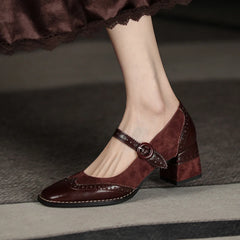 LBSFY  -  Genuine Leather Mary Jane Women's Shoes Fashion Retro Buckle Shallow Pumps Square Toe Thick Heel Handmade Shoes Woman Size 34-40