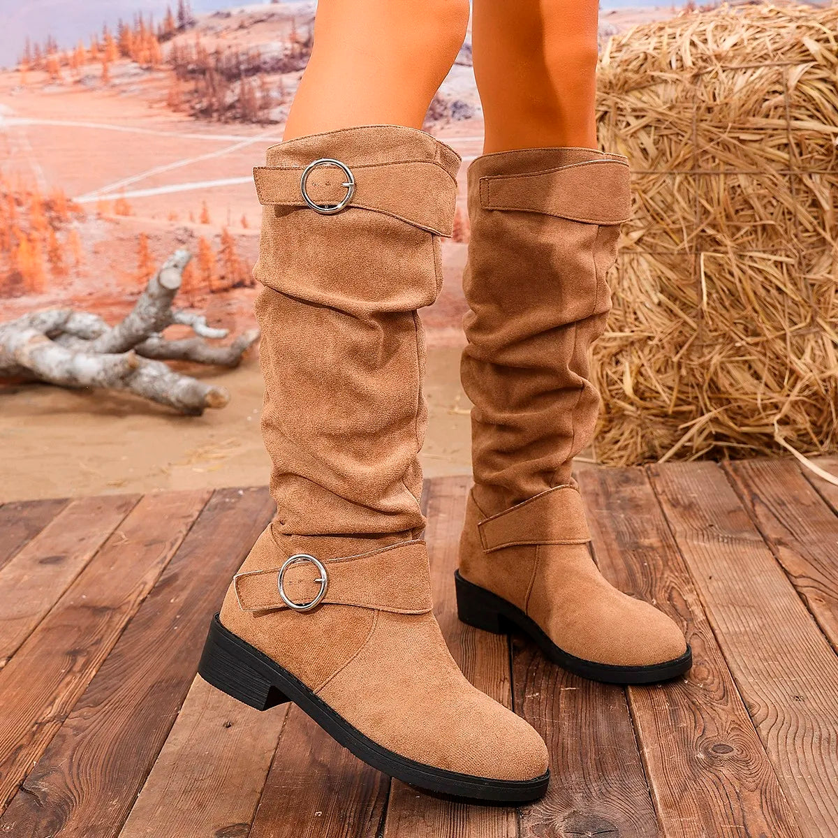 LBSFY -New Women Stylish Mid-Calf Slouchy Boots Soft Comfortable Round Toe Design Easy Pull-On Closure Outdoor Casual Shoes Shoes