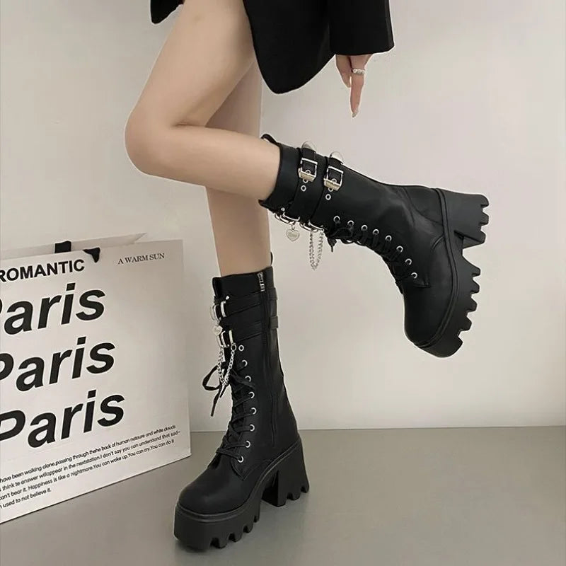 LBSFY -Women's Punk Gothic Boots 2025 Fashion Buckle Chain High Heels Mid Calf Boots Women Black Pu Leather Plus Size 42 Autumn Botas