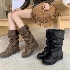 LBSFY  -  2025 New Genuine Leather Boots Women Pleated Mid Calf Boots Handmade Retro Western Boots Ladies Shoes