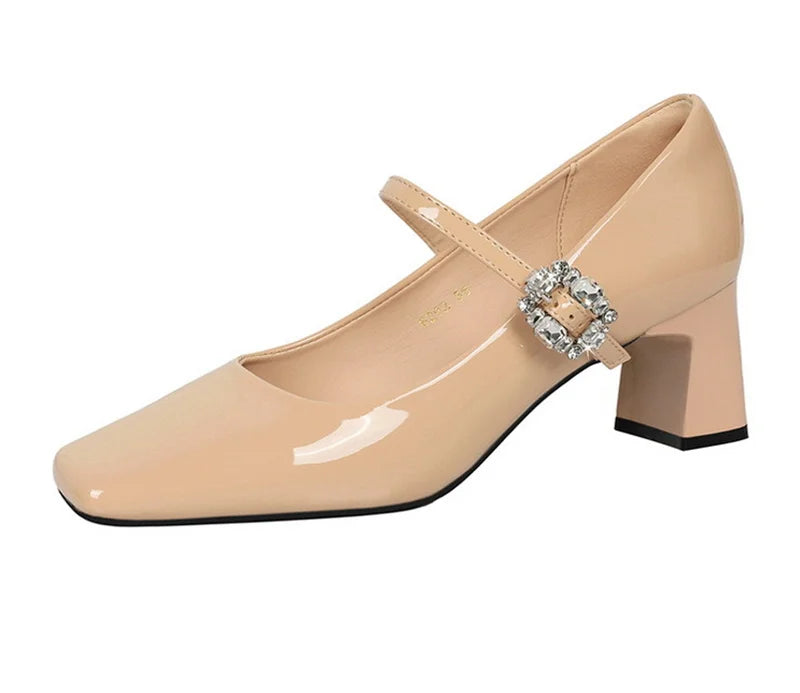 LBSFY -Banquet Mary Jane Women Single Shoes Square Toe Light Mouth Patent Leather One-Striped Rhinestone Buckle Thick Heel Medium Heel