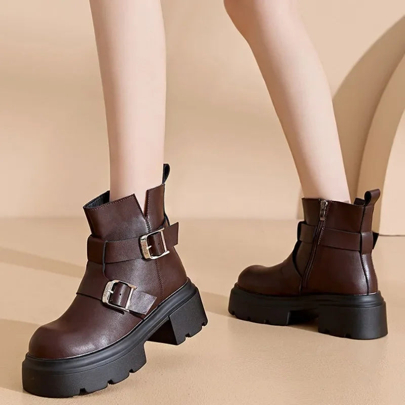 LBSFY  -  British Cow Leather Metal Buckle Women's Ankle Boots Designer Casual Shoes for Women Fashion Spring Autumn Platform Boots Female