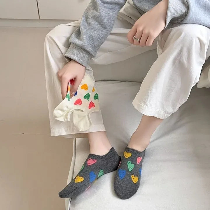 Lbsfy Spring Summer Socks Women's Combed Cotton Sweat Style Leisure Low Cut Love Print Invisible Socks Girls Gift Korean Street Sox