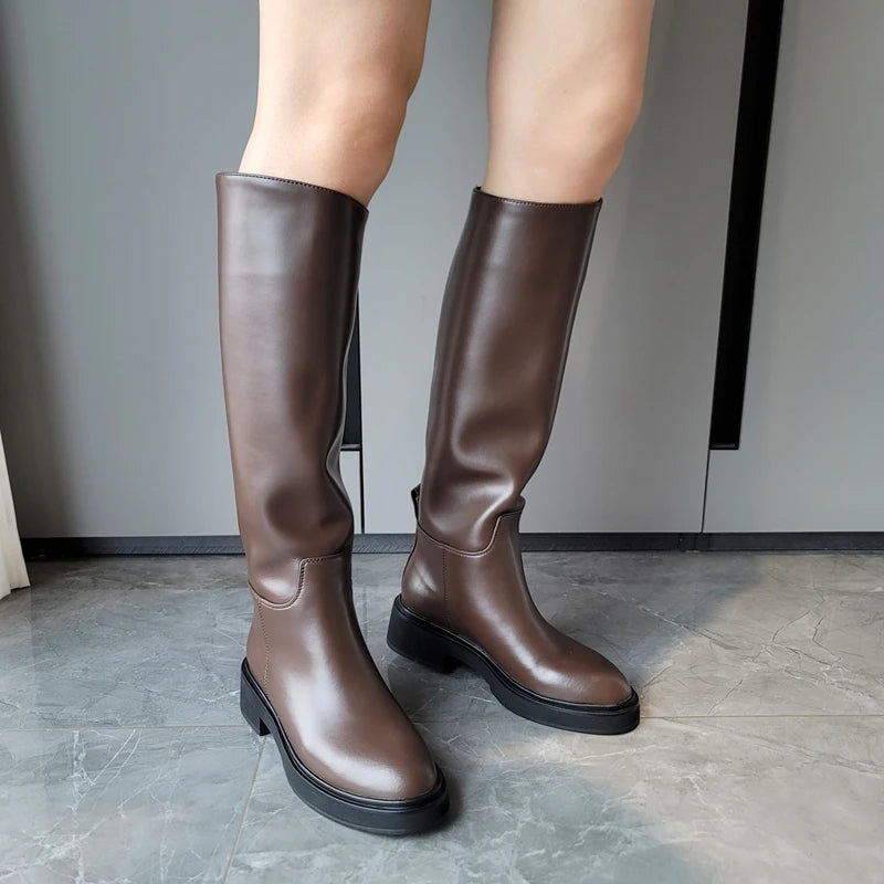 LBSFY  -  2024 Ins Genuine Leather Knee High Boots For Women Thick Heeled Autumn Winter Warm Shoes Woman High Motorcycle Boots