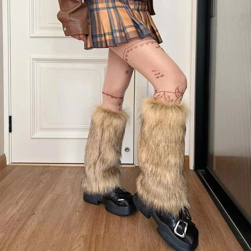 Lbsfy Vintage Imitation Fur Fur Leg Warmers Hot Girl Y2k Brown Hairy Winter Warm Furry Boots Socks Punk Jk Knee-length Hiphop Sock