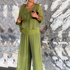 LBSFY  -  Women Fashion Solid Chiffon Outfits Spring V Neck Backless Top Pullover & Wide Leg Pants Suit Summer Half Sleeve Loose 2pcs Sets