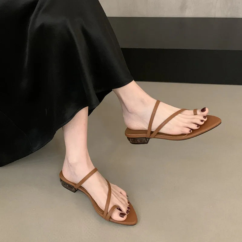 LBSFY - Summer New Brand Women Slipper Fashion Narrow Band Slip On Flip Flop Thin Low Heel Outdoor Dress Sandal Slides
