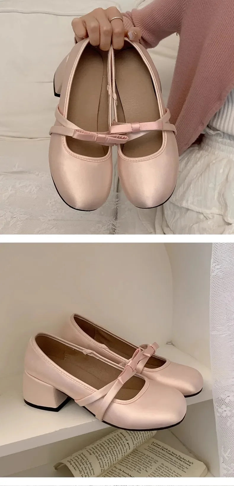 LBSFY -Women Chunky Heel Shoes New  Fashion Bowknot Strap Mid Heels Women Mary Jane Shoes Dress Shallow Mouth Ladies Ballet Shoes