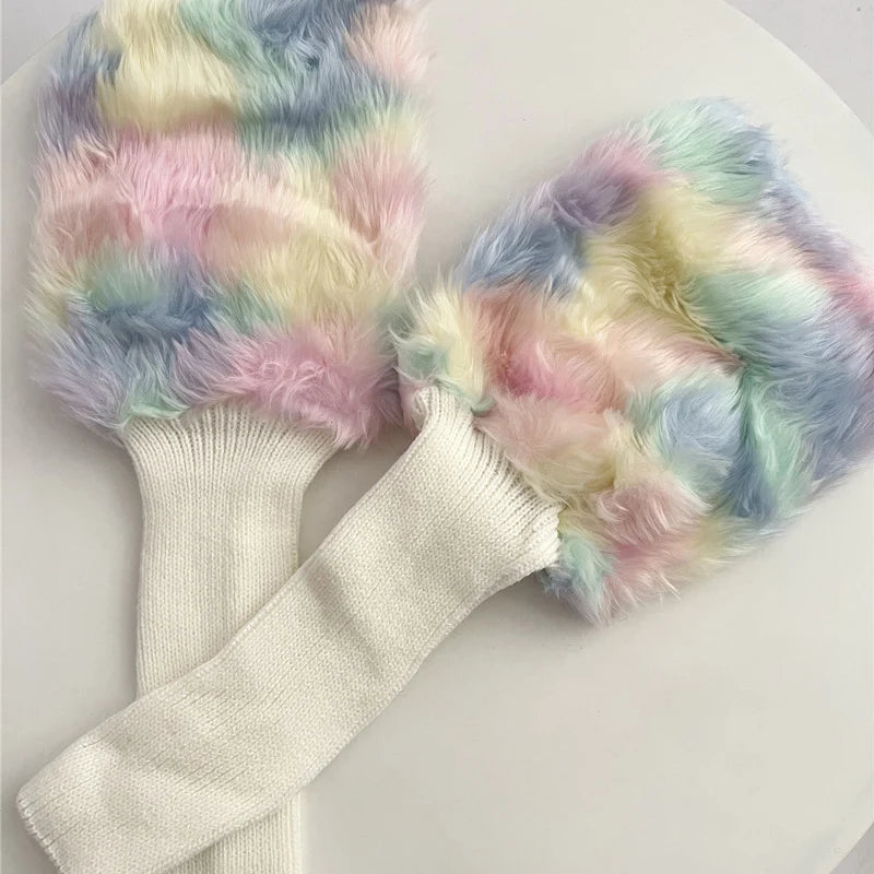 Lbsfy Cute Colorful Rainbow Leg Warmer Plush Imitation Fur Japanese Women Knitted Over Knee Tube  Winter Warm Long Leg Cover Socks