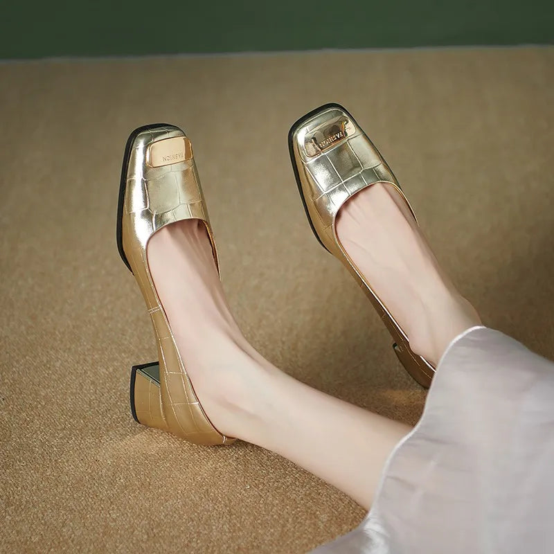 LBSFY  -  Chunky Heels Women's Casual Pumps Shoes Square Heels Women's Wedding Party Heels 35-40 Gold Solid Slip-On Women Heels Shoes