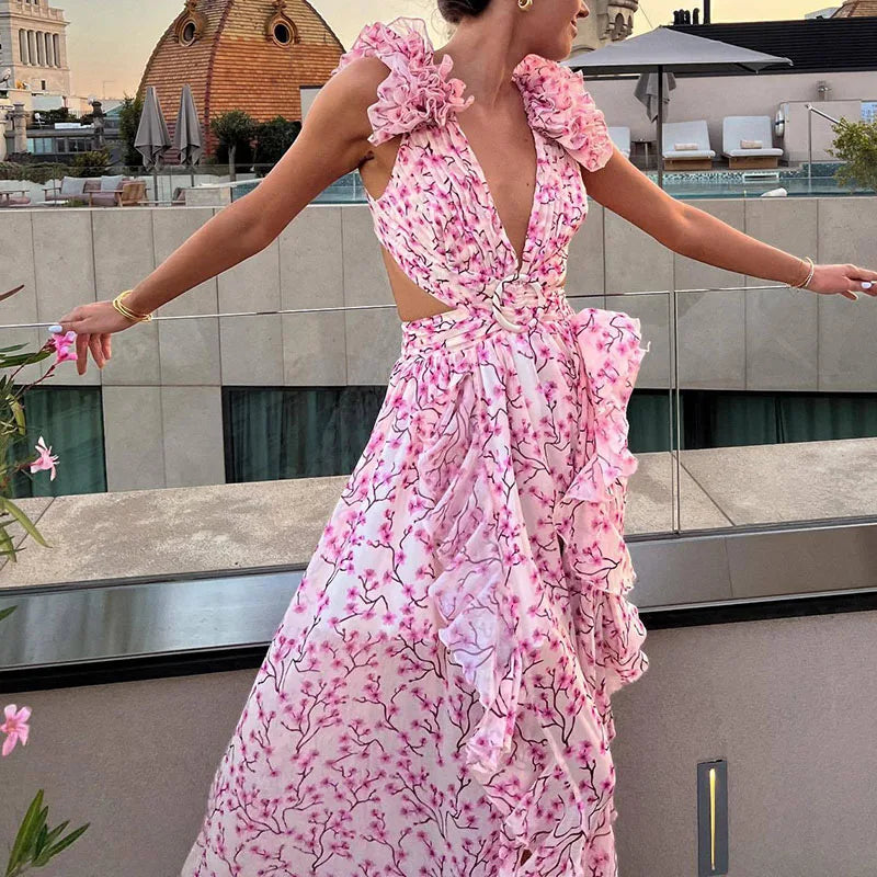LBSFY  -  Chic Spring Floral Print Ruffle Boho Long Dress Women Sexy Deep V Neck Hollow Party Dress New Summer Sleeveless Split Maxi Dress