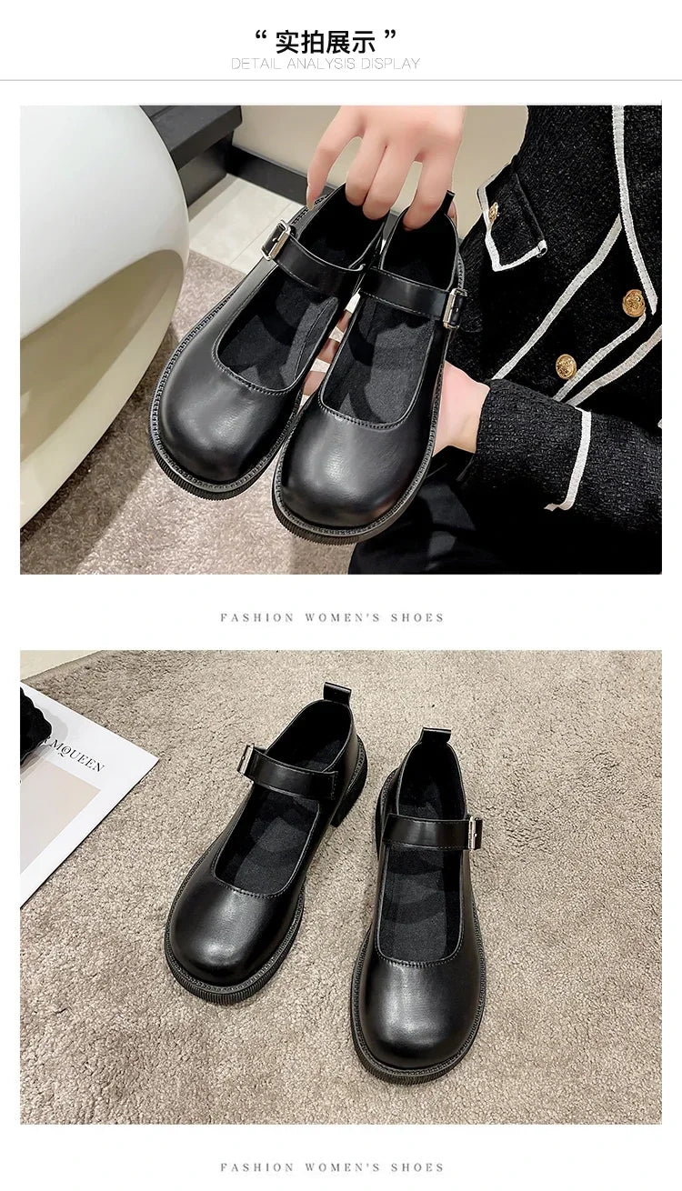 LBSFY -Women's Spring/Summer/Autumn New British Academy Style Low Heel Round Toe Mary Jane Single Shoes with Small Leather Shoes