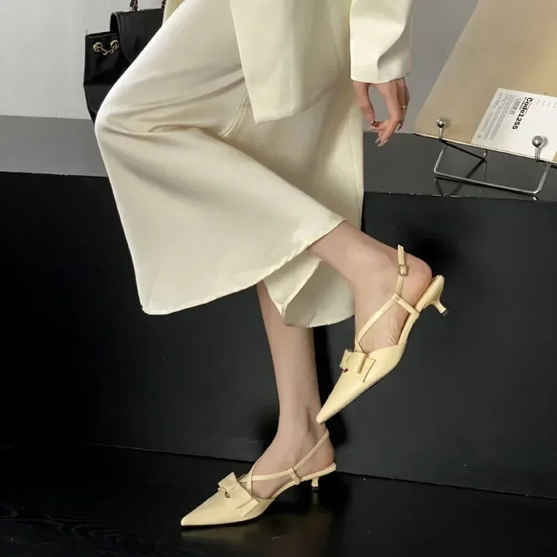 Lbsfy Fashion Small Low Heel Sandals Women Summer Sexy Pointed Toe Slingbacks Mules High Heels Elegant Bow Cross Strap Women Pumps
