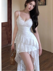 LBSFY -Women's Summer Ruffle Sexy Dresses White Lace Spaghetti Strap V-Neck Silm Fit Dress Vacation Party Evening Vestidos Fashion New
