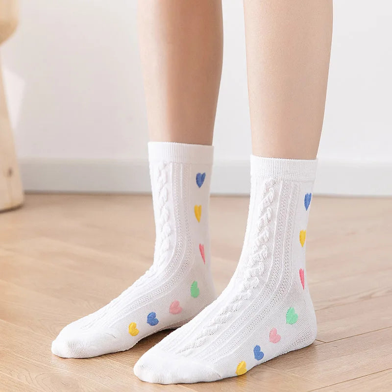 Lbsfy Women's Socks Spring Summer Love Print Mid-tube Korean Sweet Style Kawaii Cute Harajuku Solid Color Long Socks For Girls Gift