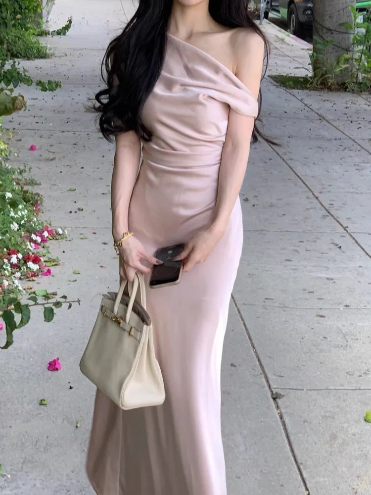 LBSFY -Elegant French Chic Satin Women's Dresses Solid Pleated Slim Waist Inclined Shoulder Mermaid Dress 2025 New Summer Evening Party