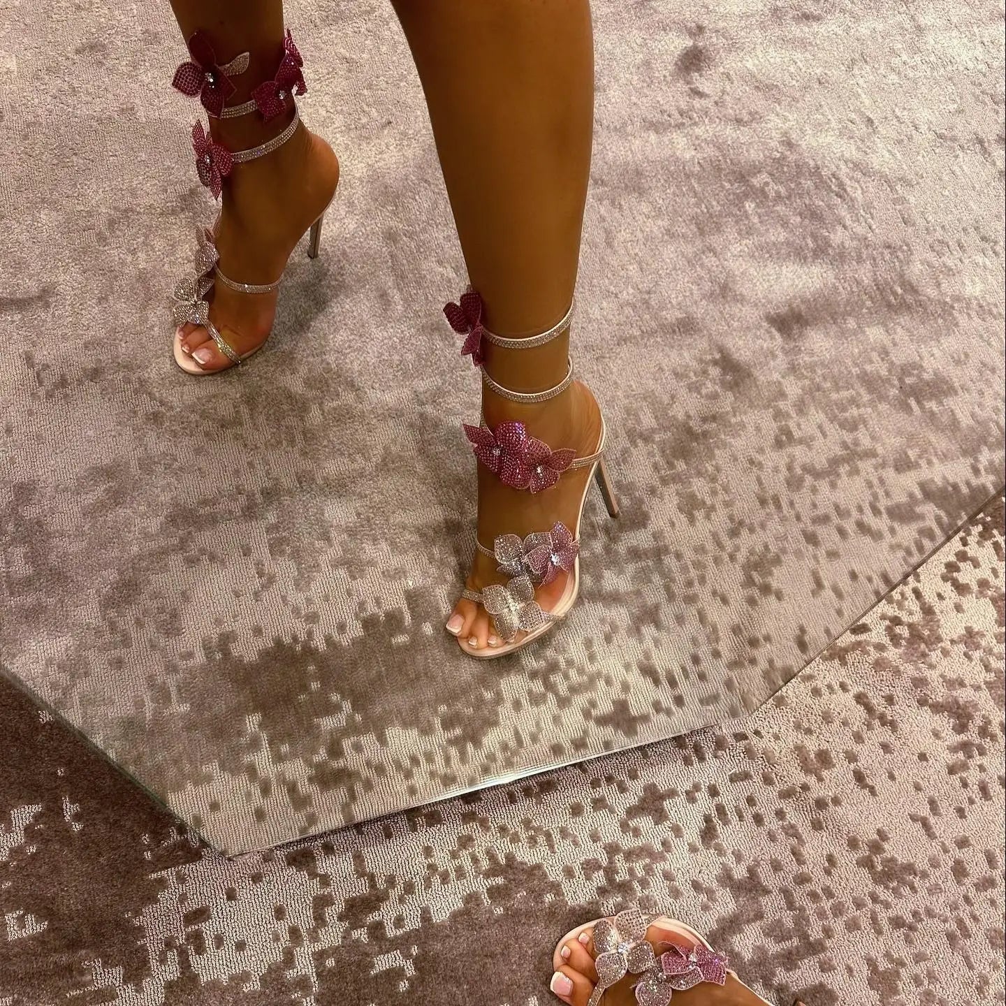 LBSFY  -  Pink Flower Rhinestone High Heels Sandals Shoes for Women Party Dress 2024 Elegant Luxury Stiletto Heels