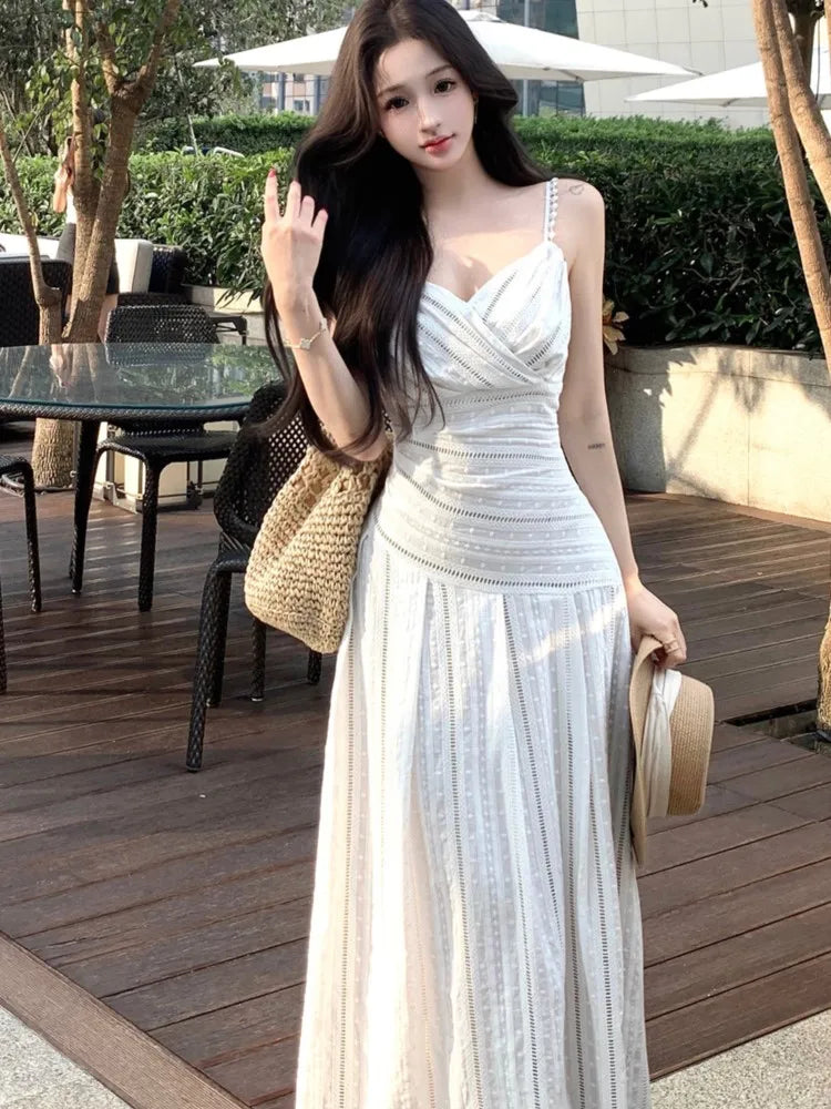 LBSFY -French Vintage Fashion Women's Sling Dresses 2025 New Summer V-Neck Slim Waist Spaghetti Strap Long Dress Casual Holiday Robe
